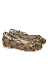 NIB New Gucci Kids GG Canvas Horsebit Ballet Flats with Ankle Strap Size 23 7