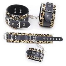 Set Restraints Handcuffs Ankle Cuffs Wrist Leopard Genuine Leather