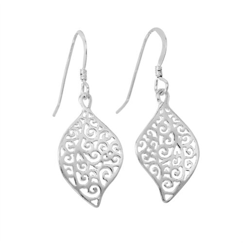 Sterling Silver Filigree Leaf Dangle Fish Hook Earrings Dangly Leaves Nature - Picture 1 of 6