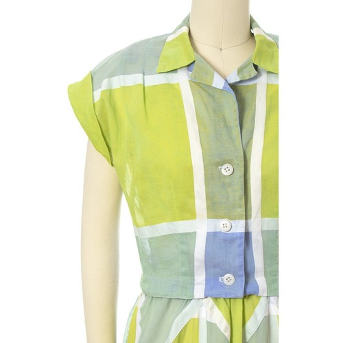 Vintage 1950s Sundress Bolero Set 50s Color Block Plaid Cotton Green Blue Dress - Picture 8 of 10