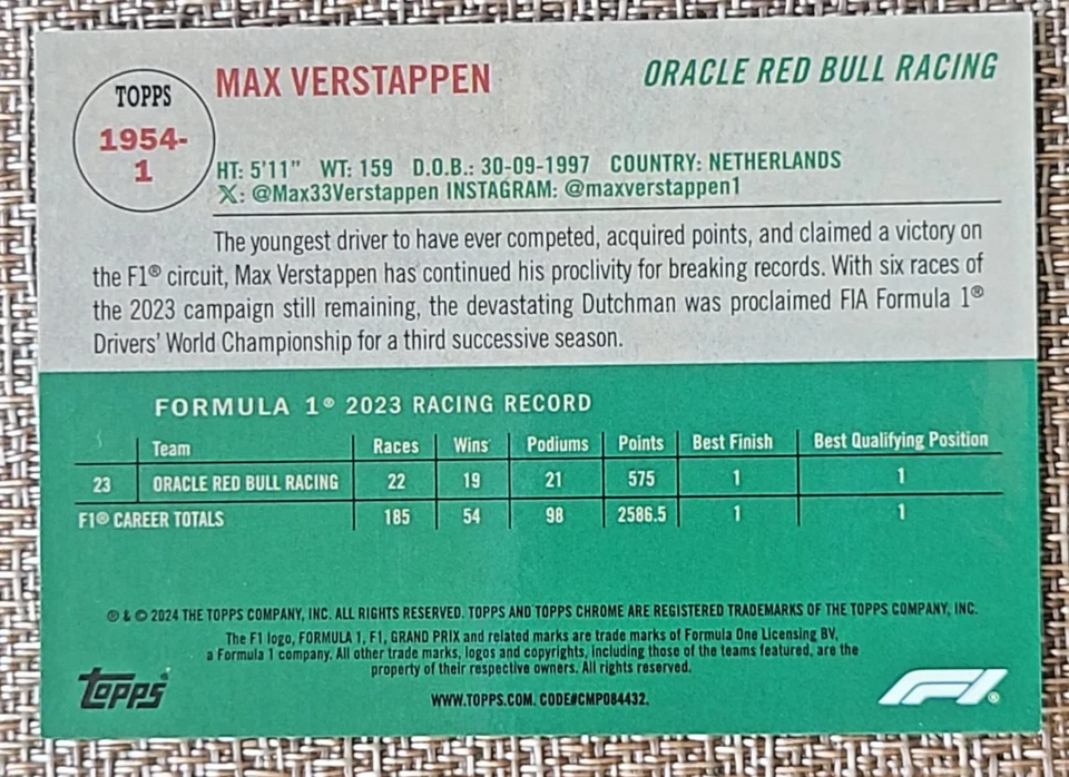 2024 Topps Chrome Sapphire Formula 1 F1 Max Verstappen 1954 Orange 8/25 SSP - Image 2 of 2
