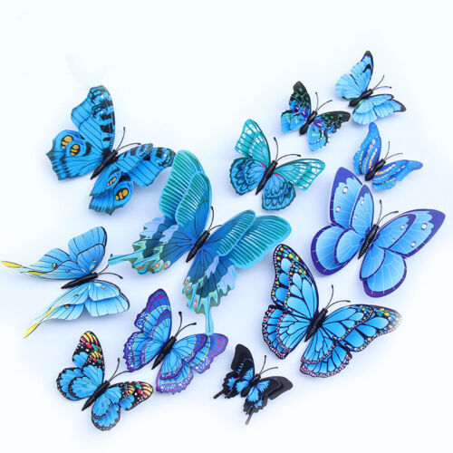 12Pcs 3D Butterfly Wall sticker Decal Removable Sticker Bedroom Decor Blue - Afbeelding 1 van 2