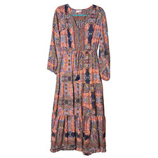Anthropologie Boemo Boho Maxi Dress Sz L Tiered Peasant Long Button Festival