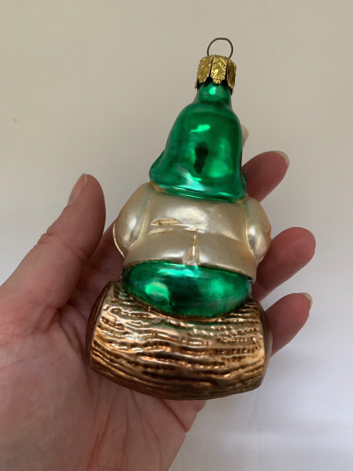 German Glass Gnome Elf Leprechaun On Log With Accordion Christmas