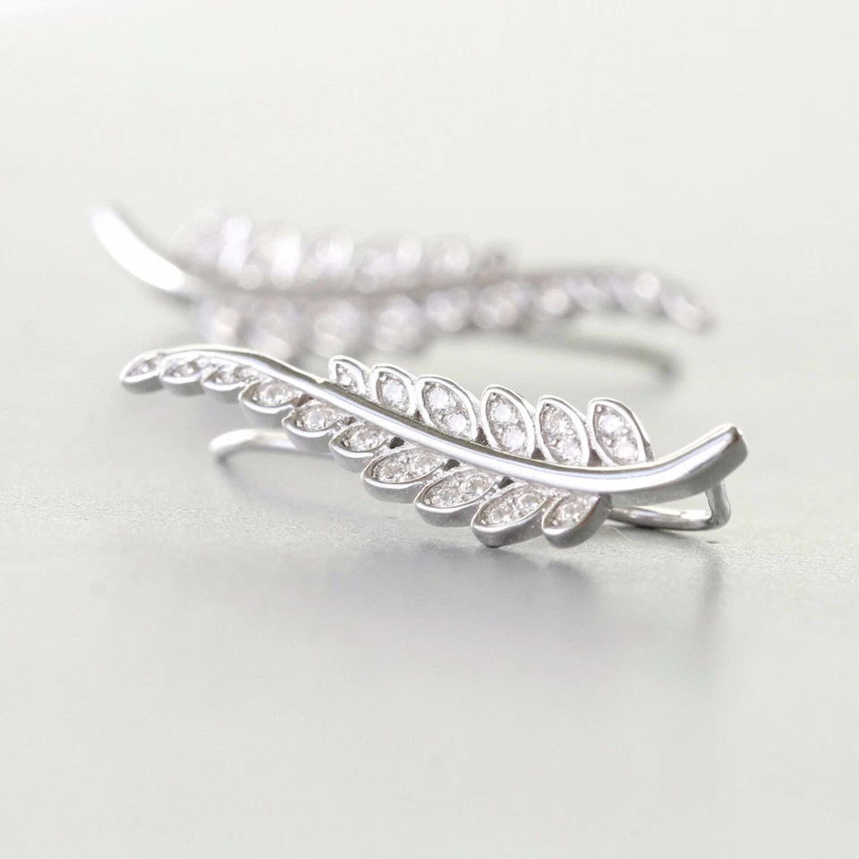 Sterling Silver Crystal Paved CZ Feather Leaf Cuff Climber Crawler Earrings — 第 3/4 张图片