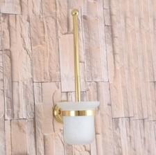 Gold Color Brass Toilet Brush Set Holder Brush  Glass Cup Wall Mount aba596
