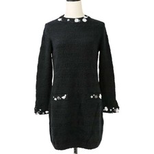 Chanel 22B Coco Mark Cashmere Knit Dress Black Size 36 Chest 16.1 in