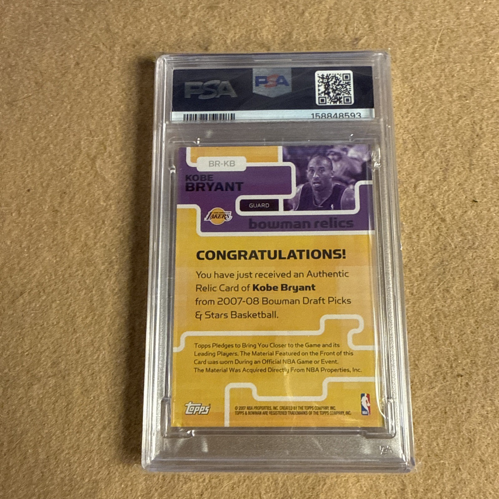 PSA 8 KOBE BRYANT 2007-08 BOWMAN RELICS #BR-KB GAME-WORN YELLOW JERSEY LA LAKERS view 2