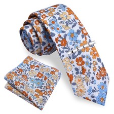 Mens Orange Cotton Ties for Wedding Blue Slim Floral Tie Skinny Necktie and P...