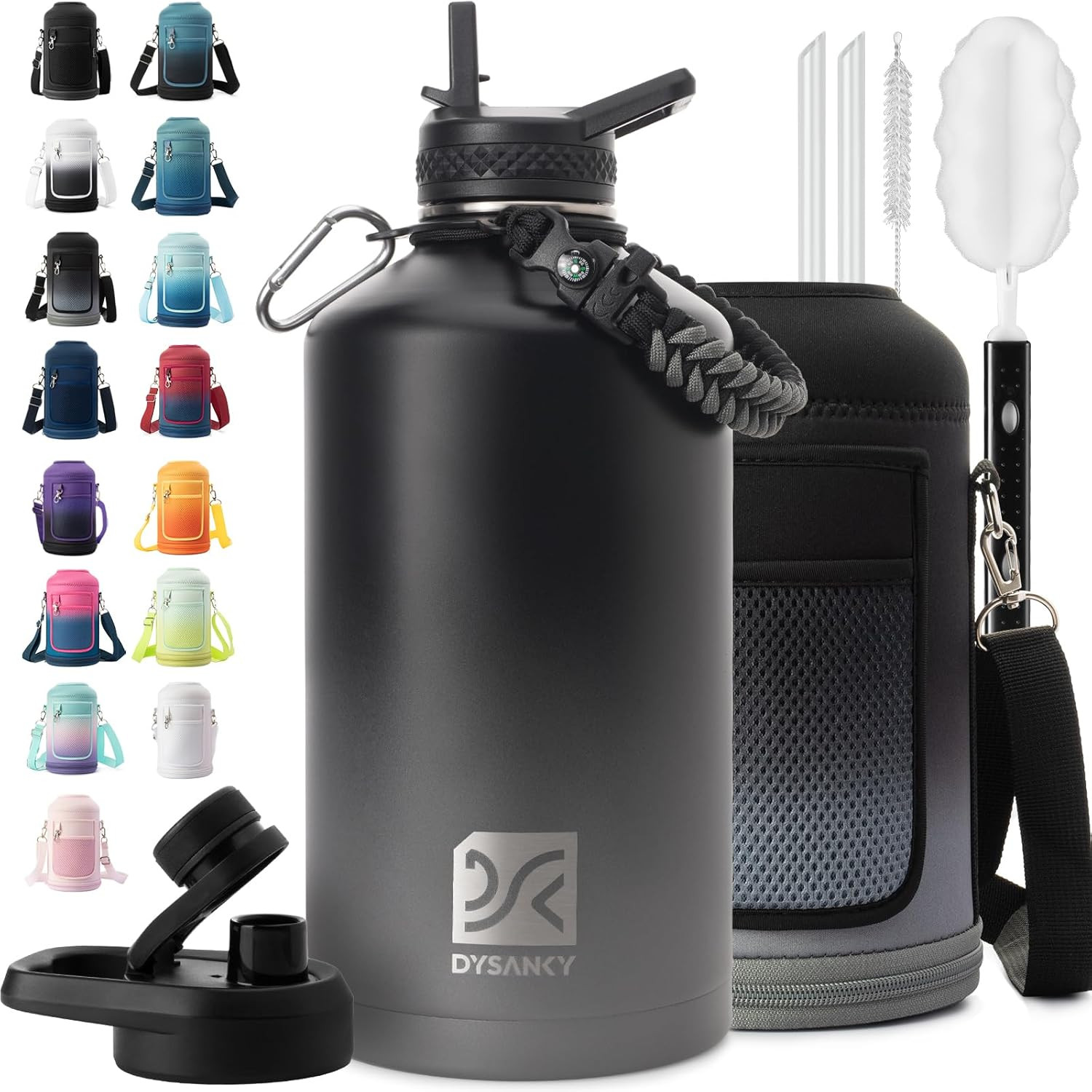 Insulated sports water bottle with straw and strap for gym t