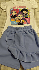 Girls 2pc Casual Outfit Set S Graphic Print Tee White Blue Ruffle Shorts 4-6yr
