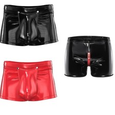 Men's Black Latex Shorts with Codpiece Crotch Hole Rubber Short Pants Back Zip