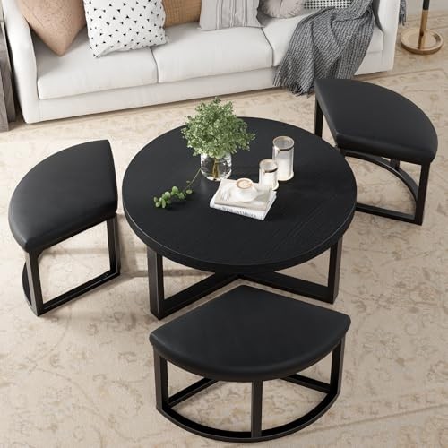 Round Coffee Table with Stools Underneath - 30 Inch Small Modern Tables ...