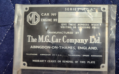 1955-1962 MGA Chassis ID Plate   NEW 408-720