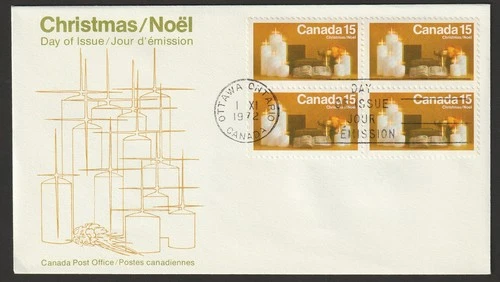 Canada #609pi, Christmas Candles, Block, GT2 Tagged, First Day Cover, FDC 1972
