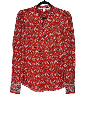 Veronica Beard Button Blouse Size 4 100% Silk Paisley Print Boho Designer Red