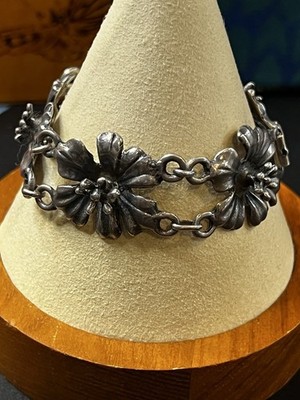 Vintage Sterling Silver 3D Repousse Wild Rose Flower Link Bracelet 6.5'' 37g