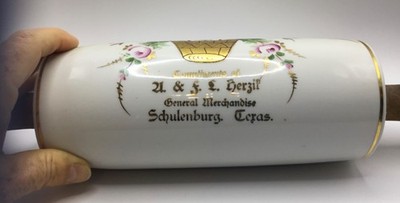 Antique Ceramic Rolling Pin Schulenburg Tx U & FE Herzil? Made in Czechoslovakia