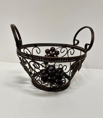 BRONZE WIRE FRUIT/BREAD BASKET INTRICATE SCROLL DESIGN GLASS GRAPES GREEN LEAVES