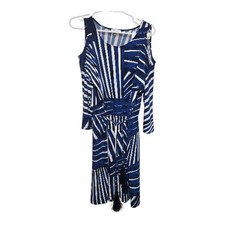 Calvin Klein Women Size 12 Blue White Stripe Cold Shoulder Dress