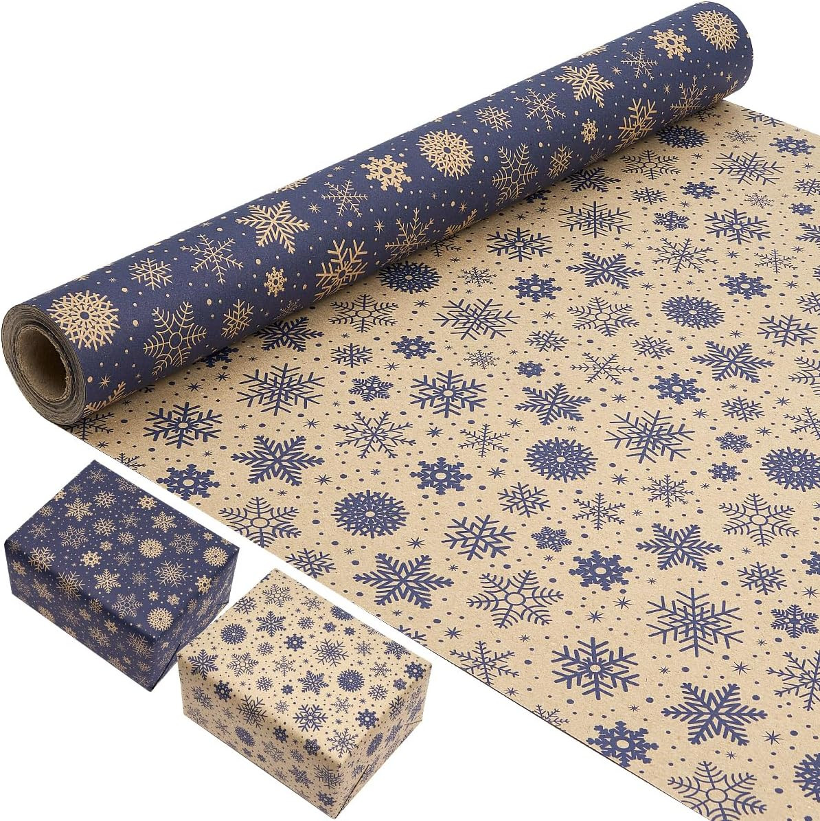 43Cm×10M Double-Sided Gift Wrapping Paper Roll, Recyclable Kraft Christmas Wrapp