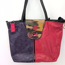 Vintage Tote Bag Purple Red Leather Colorblock Snakeskin Print Gemstone USA Made