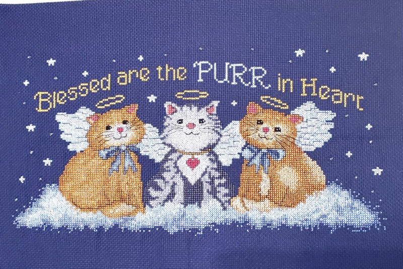"PURR" IN HEART  Handcrafted  Completed Cross Stitch Picture Size 8' x 15".