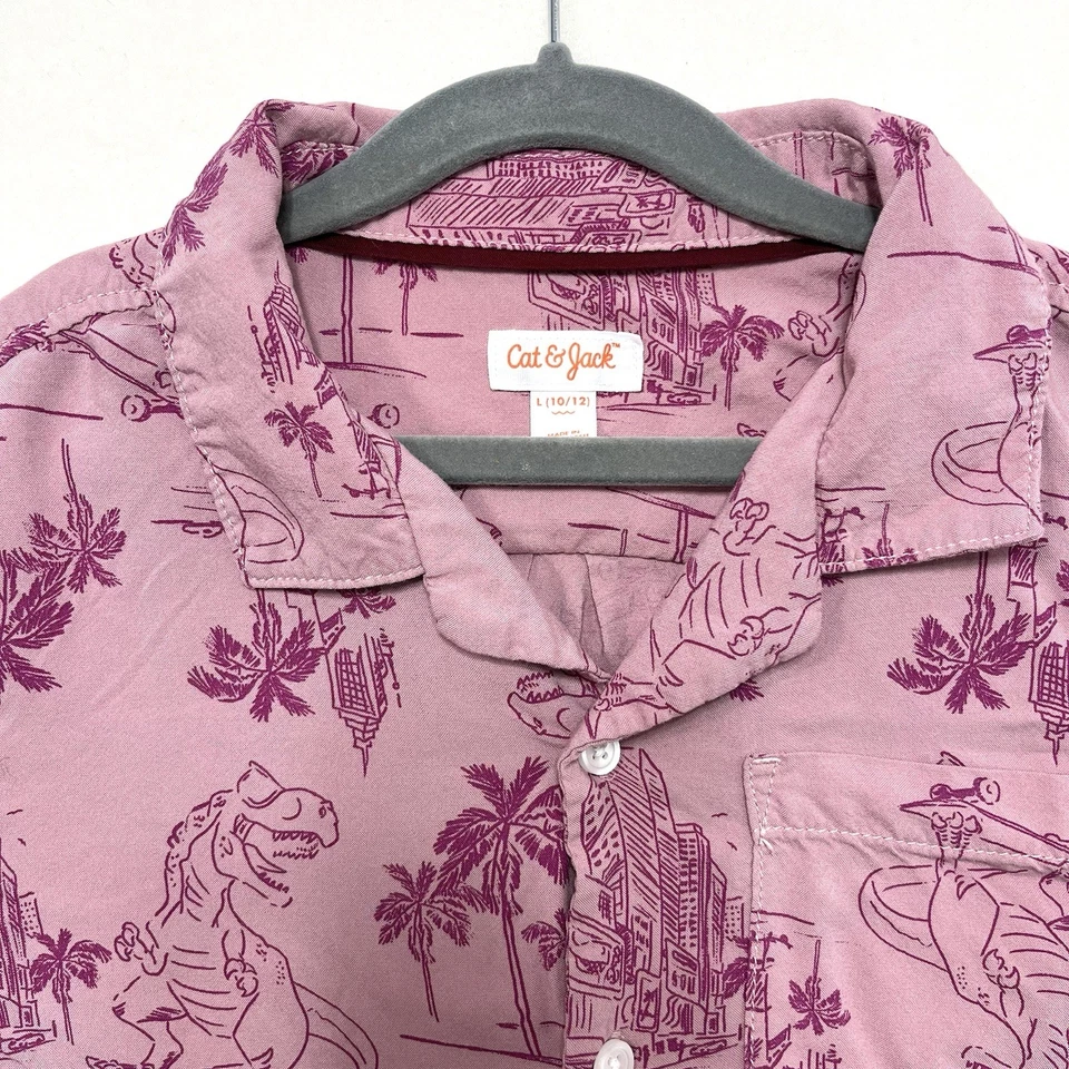 Boys Kids Hawaiian Button Up Shirt Dinosaurs & Palm Trees Summer Vacation 10/12 - Image 3 of 4