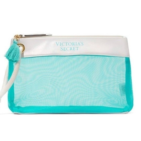 Bolsa de maquillaje de malla VICTORIA'S SECRET bolsa de cosméticos borla blanca azul