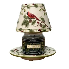 Yankee Candle Ceramic Cardinals In Pine Tree Jar Topper and Plate and Wax Candle