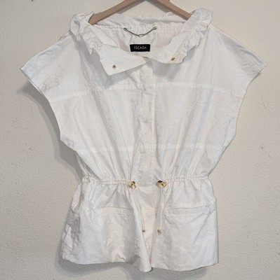 ESCADA Sz 42/12 US Logo Monogram White High Collar Jacket Vest Drawstring