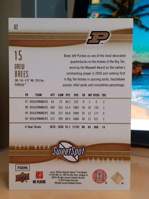 2010 DREW BREES UD SWEET SPOT #62 PURDUE BOILERMAKERS NEW ORLEANS SAINTS - Image 2 of 2