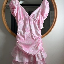 Pink Floral Ruffle Mini Dress with Puff Sleeves and Tie Back