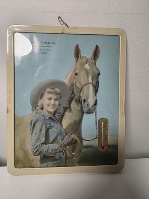 Vimtage 1949 Cowgirl Framed Litho Thermometer Advertisement
