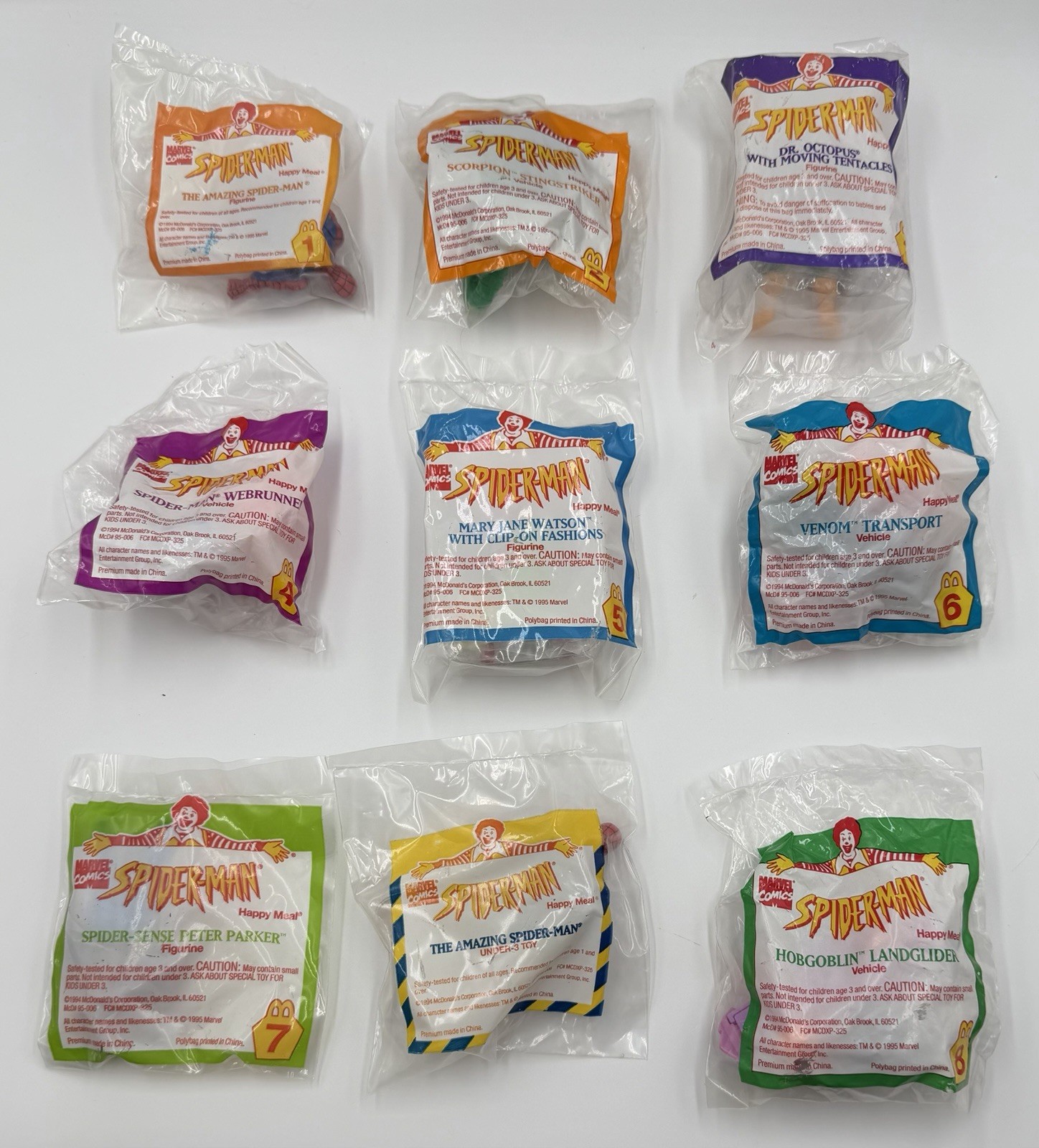 McDonald's 1995 Marvel Comics Spider-Man set of 9 - New Sealed