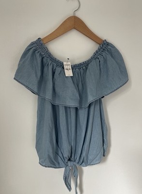 Express Off The Shoulders Light Blue Denim Blouse RuffleOverlay Front Tie Sz M