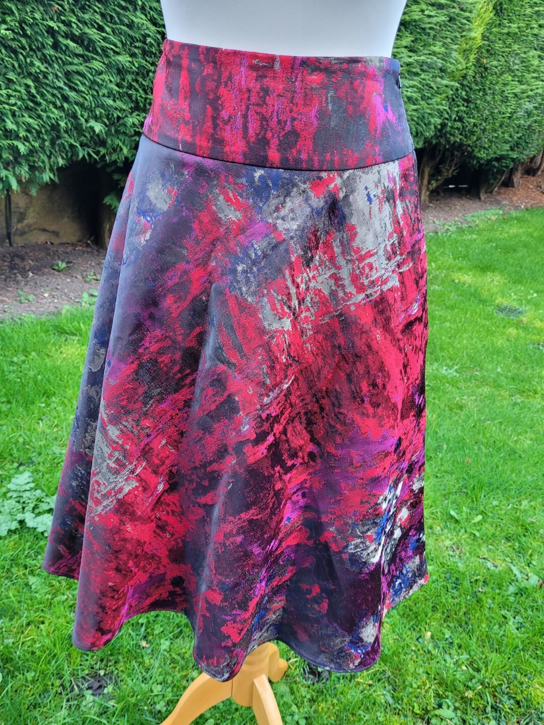 Per Una M&S Red Mottled brocade Flared Midi Skirt Party Xmas Sz 12 wool mix vgc