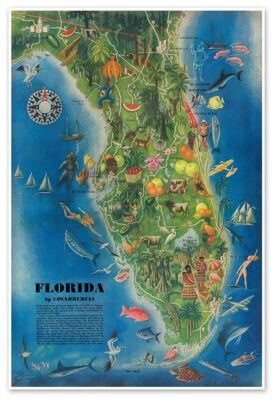 Reimpresion de Mapas Antiguos de Florida por Covarrubias c. 1946 | Cartel Arte