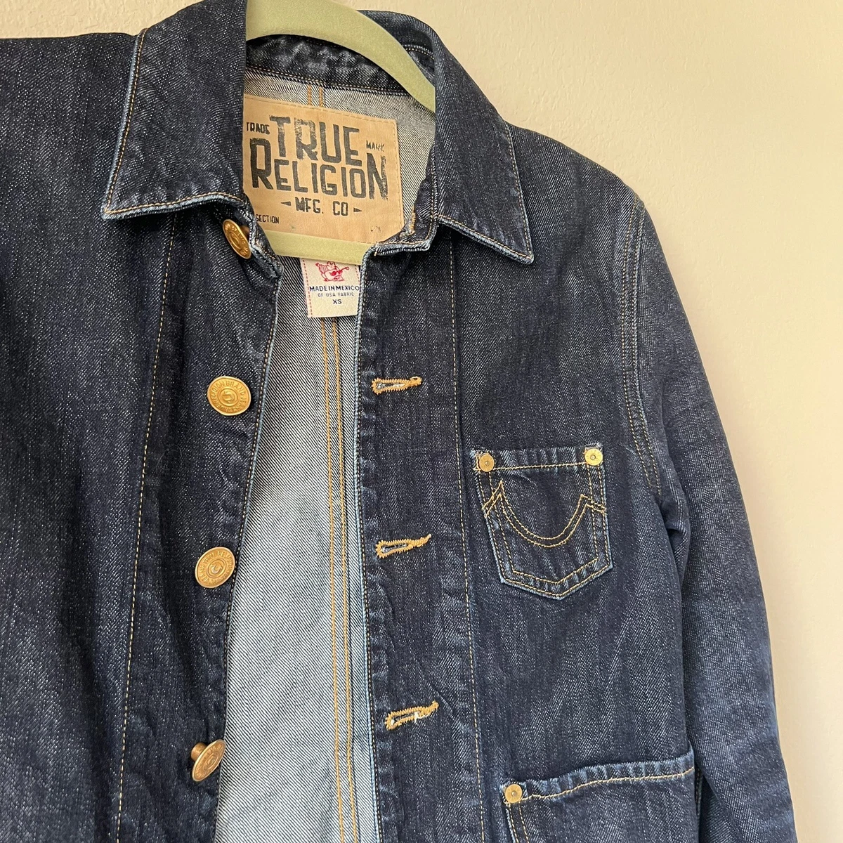 Dark blue true hotsell religion jean jacket