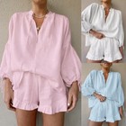 2Pcs Women's Summer Linen Set Long Sleeve Tops and Shorts Tracksuit Top Set HOT