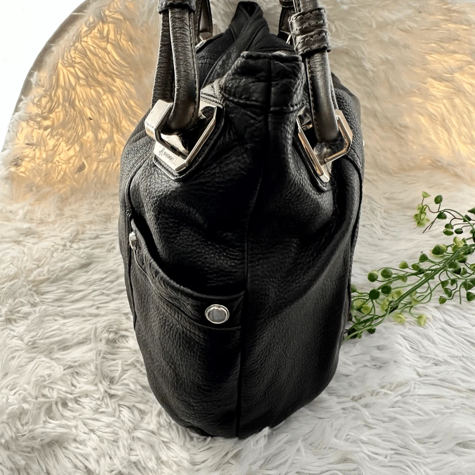 B. Makowsky Magnetic Flap Black Leather Metallic Gray Handles Shoulder Handbag - Image 2 of 4