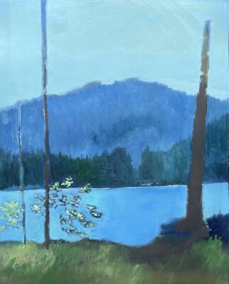 UNBEKANNTER MALER SEELANDSCHAFT KAHLE BÄUME AM UFER BERGE WALD HIMMEL MODERN 