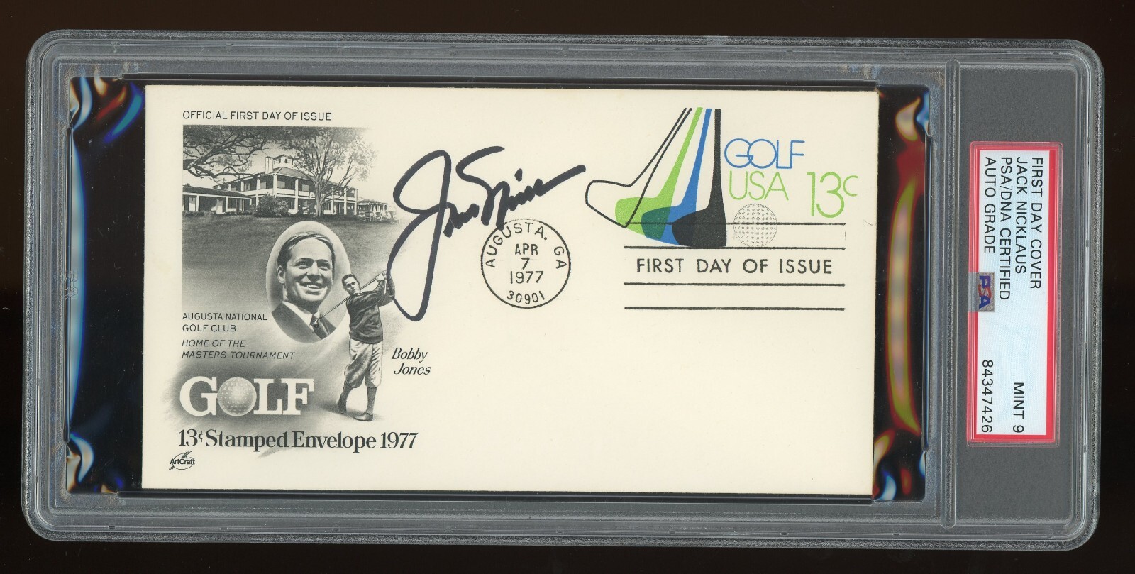 Jack Nicklaus Auto Augusta National Golf Bobby Jones 1st Day Stamp PSA/DNA 9 