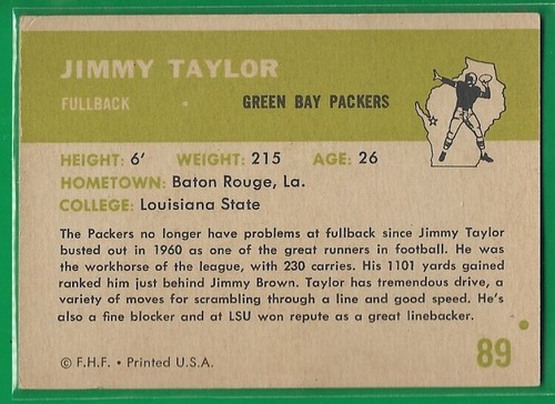 1961 Fleer #89 Jim Taylor (HOF) (EX) Green Bay Packers - 第 2/2 張圖片