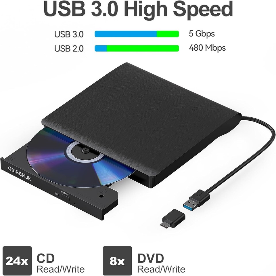 External CD/DVD Drive for Laptop, USB 3.0 CD Burner +/-RW CD ROM ...