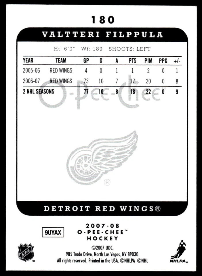 2007-08 O-Pee-Chee Micromotion Valtteri Filppula Detroit Red Wings #180 - Image 2 of 2