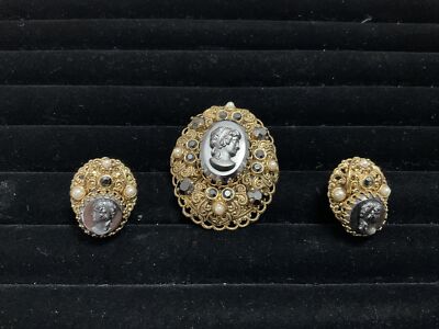 Germany Glass Cameo Filigree Brooch and Earring 