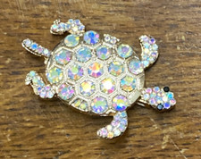 Gold Tone Metal  Rhinestone Sea Turtle Brooch 1.50" x 1.50"