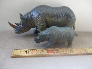 AAA Vintage African White Rhinoceros Rhino 6” & Baby Wild Animal Rubber Figurine