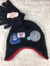 WonderNation One Size Kids Youth Beanie Cap Gloves Set Space Alien UFO Black